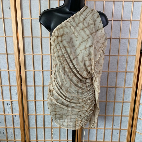 Zara Dresses & Skirts - Zara Tan and Brown Asymmetrical Ruched Cocktail Dress